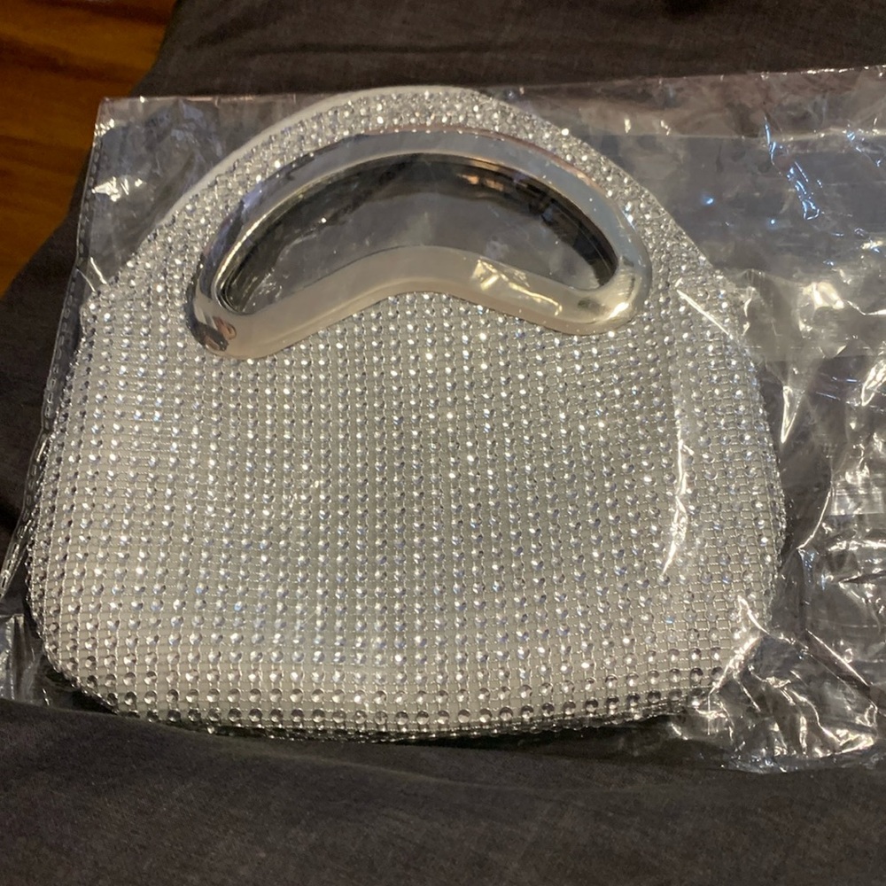 Diamond Studded Silver Hardware Clutch Evening Bag New In Package